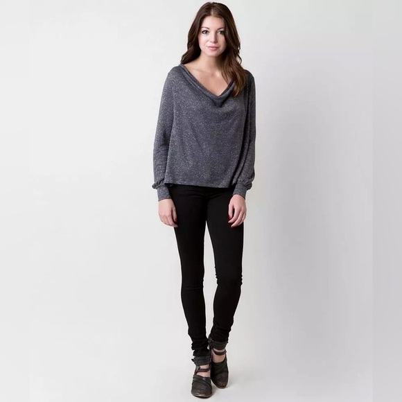 Free People Metallic Shimmer Draped Cowl Neck Long Sleeve Boho Oversized Top S - Picture 3 of 12